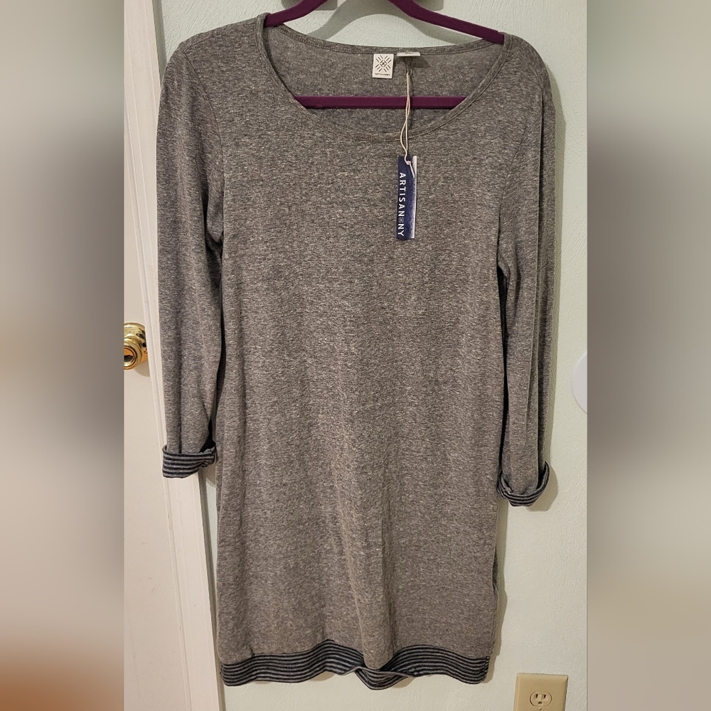 Artisan Ny Gray Long Sleeve Dress with Striped Hem